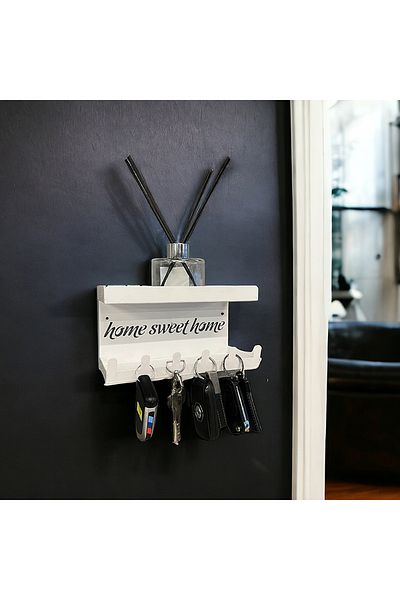 decorelax Home Sweet Home Raft montat pe perete și suport pentru chei cu 6 cârlige - alb