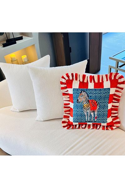 ge living Zebra Patterned Orange Velvet Throw Pillow Cover - Hope Series Special Design Ruffled