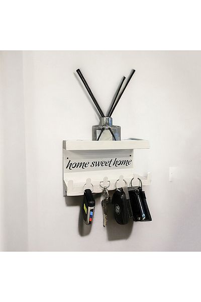 decorelax Home Sweet Home Raft montat pe perete și suport pentru chei cu 6 cârlige - alb