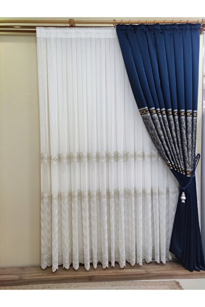 perhal perde ve halı Keten Titi Zemin Üzeri Altın Gold Geniş Etek İşlemeli 1-...