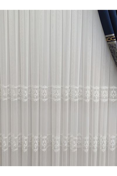 perhal perde ve halı White Embroidered Linen Titi - 1-3 Tight Pleat Living Room Tulle Curtain, Long Lasting