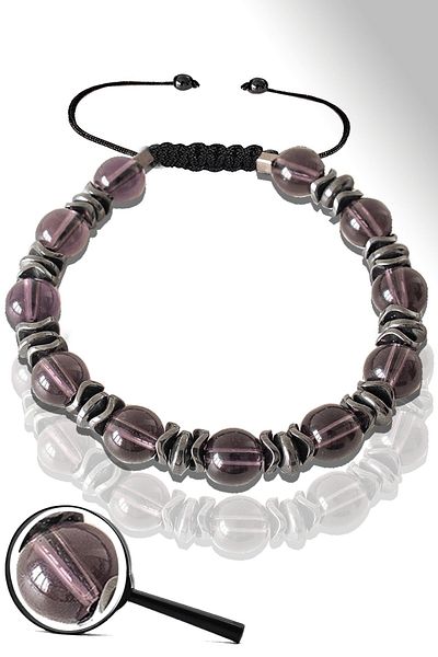 Tesbih Atölyesi Certified Fuchsia Glass Quartz Stone Bracelet with Smoked Hematite - Adjustable