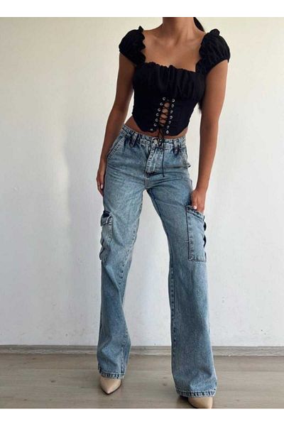 Livik Pantaloni palazzo cargo fără buzunare din Lycra cu spălare pe zăpadă