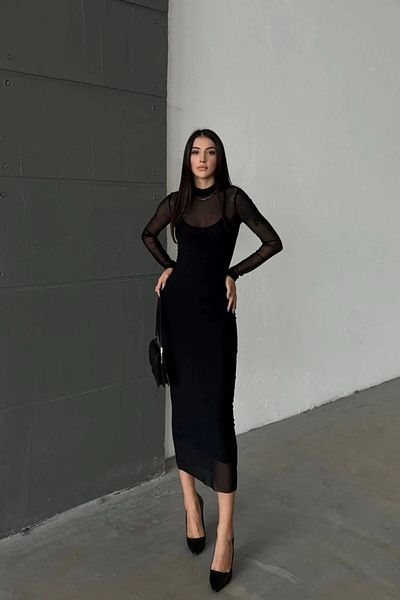 NEW JOURNAL Rochie midi cu detaliu din tul negru pentru femei Ely- 1010071