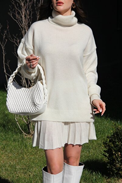 Julishop Premium Ecru White Pleated Mini Skirt and Fishing Sweater Set