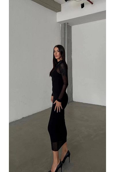 NEW JOURNAL Rochie midi cu detaliu din tul negru pentru femei Ely- 1010071