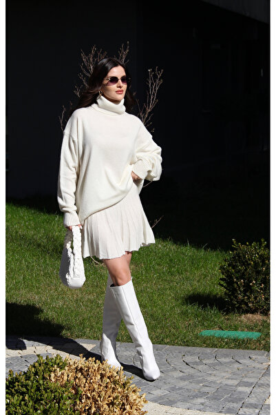 Julishop Premium Ecru White Pleated Mini Skirt and Fishing Sweater Set