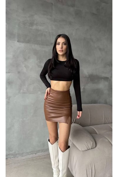NEW JOURNAL Women's Brown Leather Look Slit Mini Skirt