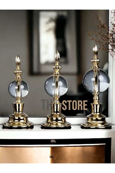 THK STORE Dekoratif 3 Lü Yuvarlak Metal Kristal Cam Küre