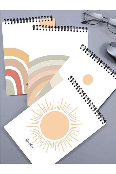 AKILLICA Set of 4 Unlined Notebooks 13 X 20 cm 56 Sheets Cardboard Cover Top Spiral Notebook Notebook Sun