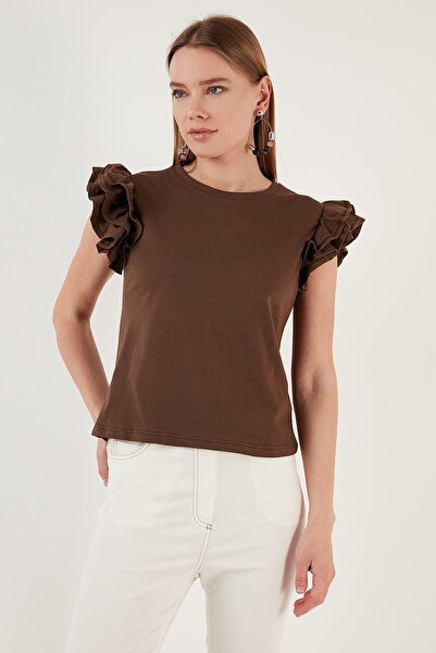 Lela Cotton Sleeves Ruffled Slim Fit Crew Neck T Shirt 5864500