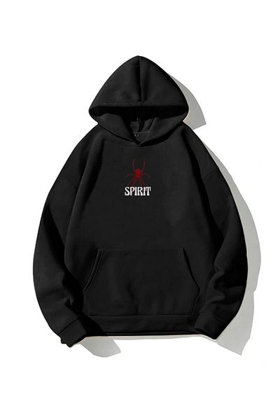 BEETON Spirit Spider 3 Thread Thick Winter Sweatshirt - Black Printed Oversize Hooded Hoodie