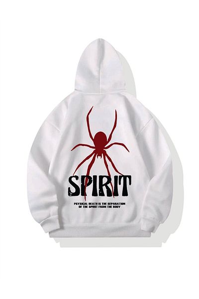BEETON Spirit Spider 3 Thread Thick Winter Sweatshirt - White Printed Oversize Hooded Hoodie
