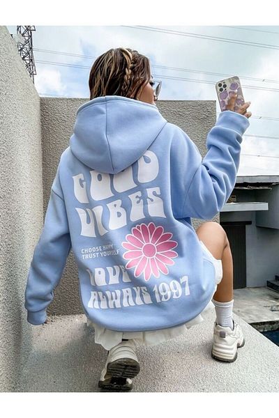 BEETON Χειμερινό φούτερ Love 1997 3 Thread Thick - Baby Blue Printed Oversize Hooded Hoodie