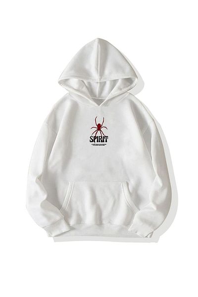 BEETON Spirit Spider 3 Thread Thick Winter Sweatshirt - White Printed Oversize Hooded Hoodie