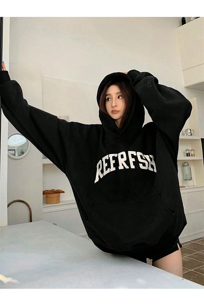 BEETON Refrfsh 3 Thread Thick Winter Sweatshirt - Black Printed Oversize Hooded Hoodie