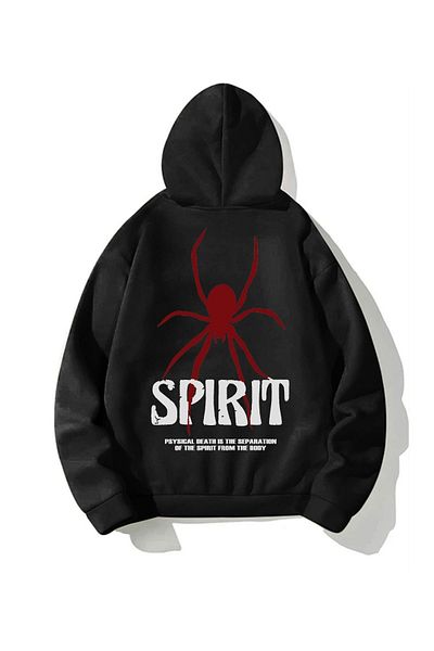 BEETON Spirit Spider 3 Thread Thick Winter Sweatshirt - Black Printed Oversize Hooded Hoodie