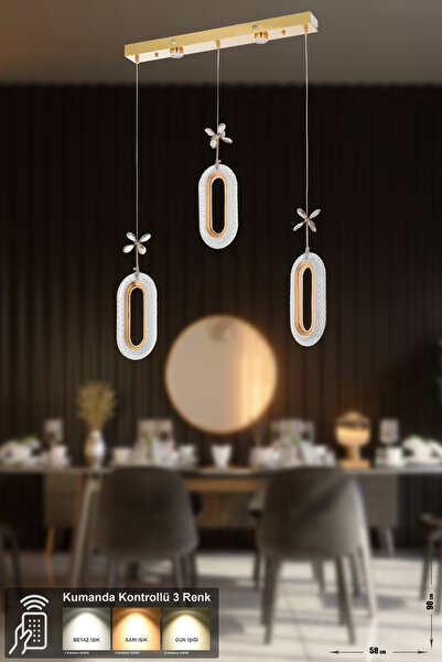 Avizemoda Sessi 3'lü Power Ledli Kumandalı Modern Yemek Masası Üstü Avize, 3 ...