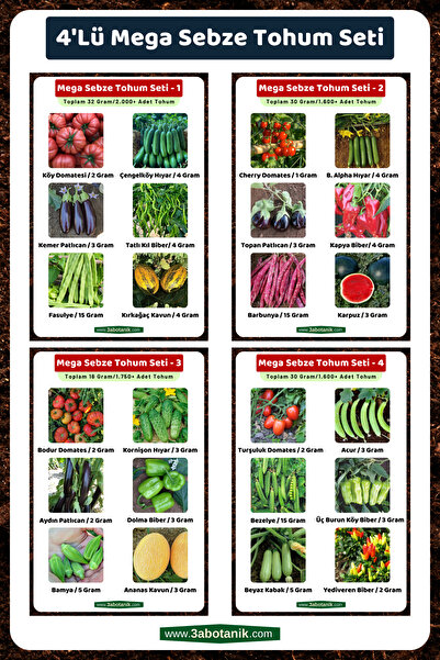 3A BOTANİK 4'lü Mega Fırsat Sebze Tohum Paketi, Toplam 109 Gram/24 Çeşit, Tak...