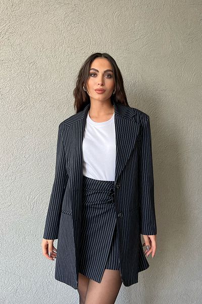 Seda Yalçın Atelier Navy Blue Design Long Striped Blazer Jacket