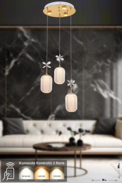 Avizemoda Motta 3'lü Power Ledli Kumandalı Modern Lüks Sarkıt Avize, 3 Renk: ...