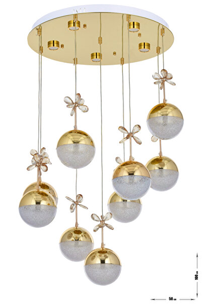 Avizemoda Forde 9'lu Power Ledli Kumandalı Modern Lüks Sarkıt Avize, 3 Renk: Sarı-beyaz-gün Işığı - Gold
