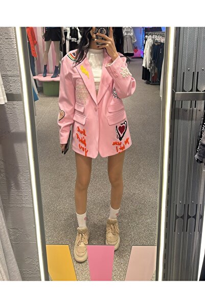 Distimi Μπλέιζερ με Λεπτομέρεια Κεντήματος Ροζ