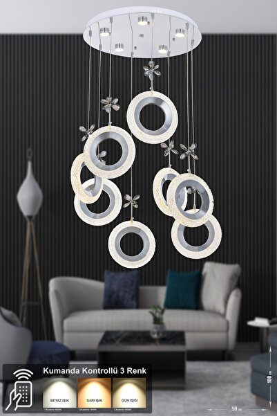 Avizemoda Ribera 8'li Power Ledli Kumandalı Modern Lüks Sarkıt Avize, 3 Renk:...