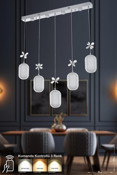 Avizemoda Motta 5'li Power Ledli Kumandalı Modern Yemek Masası Üstü Avize, 3 ...