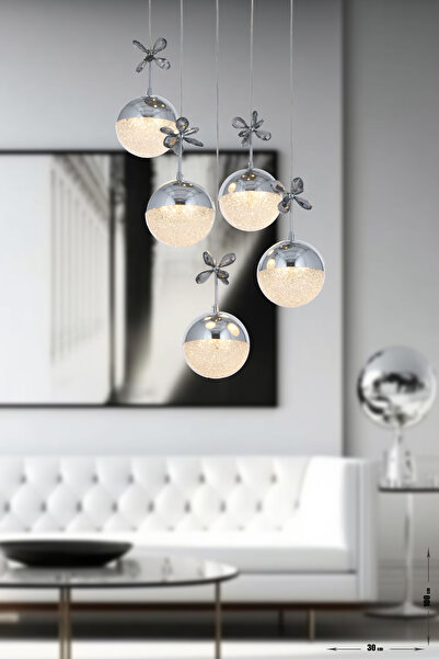 Avizemoda Forde 5'li Power Ledli Kumandalı Modern Lüks Sarkıt Avize, 3 Renk: Sarı-beyaz-gün Işığı - Krom