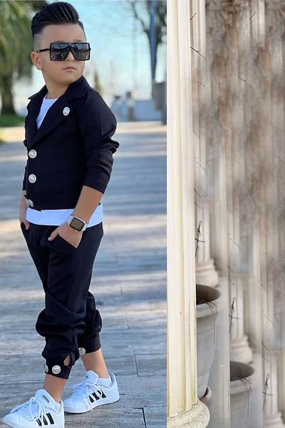 Riccotarz Boy's Crew Neck Blouse and Silver Button Detailed Black Jacket Top and Bottom Set