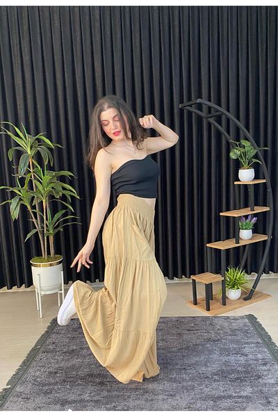 ESPOİRPLUS Light Milk Coffee Color Gathered Lycra Women's Woven Trouser Skirt