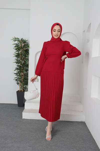 Aranlı tekstil Pleated Skirt Blouse Hijab Top and Bottom Set
