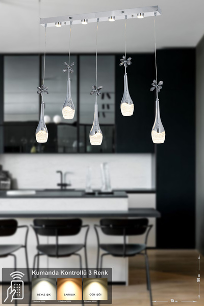 Avizemoda Lale 5'li Power Ledli Kumandalı Modern Yemek Masası Üstü Avize, 3 R...