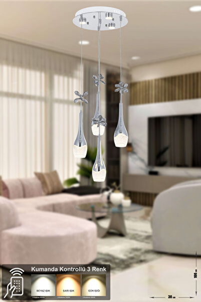 Avizemoda Lale 4'lü Power Ledli Kumandalı Modern Lüks Sarkıt Avize, 3 Renk: S...