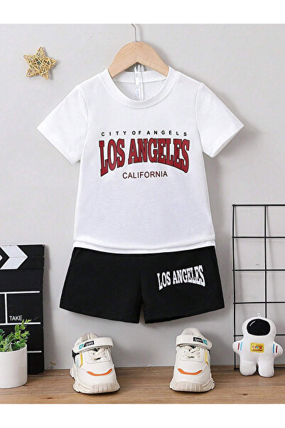 BYMEER children's los angeles printed black-and-white bottom set with shorts