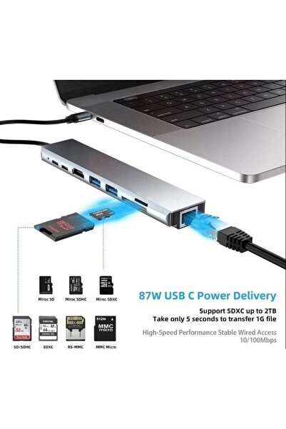 nextbuy 8in1 Type-C Hub Port Uyumlu Adaptör HDMI USB Kart Okuyucu Ethernet Pd Girişli Macbook Çevirici Gri