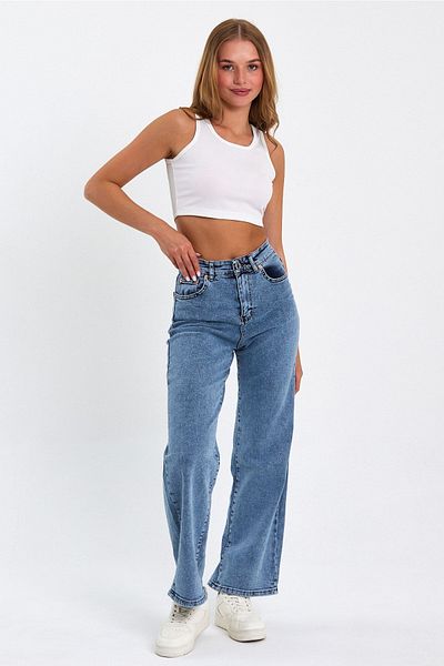 Geppetto Indiana anii 90 Snow Wash Lycra albastru cu talie super înaltă Blugi largi, pantaloni Palazzo