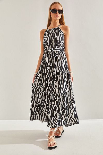 Bianco Lucci Gemustertes, ausgestelltes Viskosekleid für Damen mit gefütterten Seilträgern 60101011