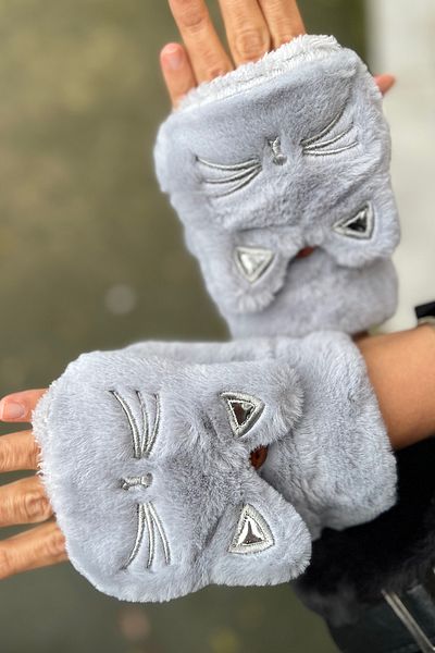 novon Premium Plush Gloves with Cute Cat Design and Fur Cover Buttons Inside