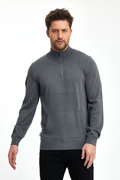 ENQUE Men's Kangaroo Pocket Half Zipper Winter Gray Knitwear Sweater