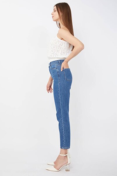 Geppetto Pantaloni Mom Jean de damă Blugi albaștri flexibili din Lycra