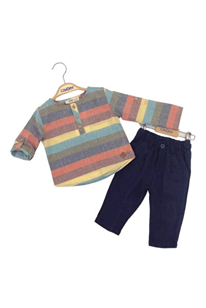 Çikoby Baby Boy-Child Folded Sleeve Striped Woven Shirt Woven Linen Trousers Set