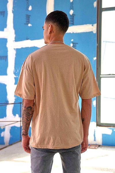 Buteks Ανδρικό μπεζ Oversize Crew Neck Boyfriend Cotton Loose Boyfriend Basic T-shirt