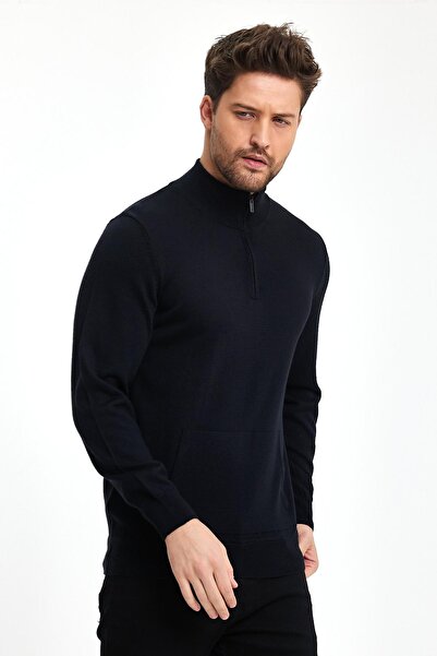 ENQUE Чоловічий светр-кенгуру з напівзастібкою на блискавці, темно-синій трикотаж