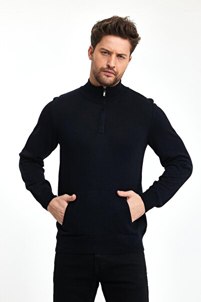 ENQUE Чоловічий светр-кенгуру з напівзастібкою на блискавці, темно-синій трикотаж