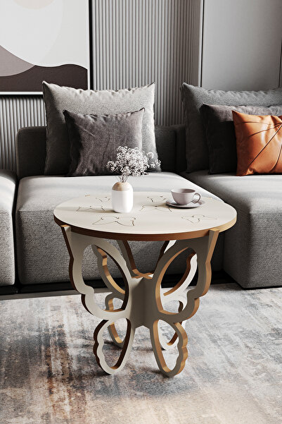 FAYMEND Kelebek Motifli Fiskos - Yan Sehpa Krem