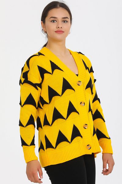 ALCHON V-Neck Long Sleeve Jacquard Patterned Four-Button Standard Size Winter Stylish Thick Knitwear Cardigan