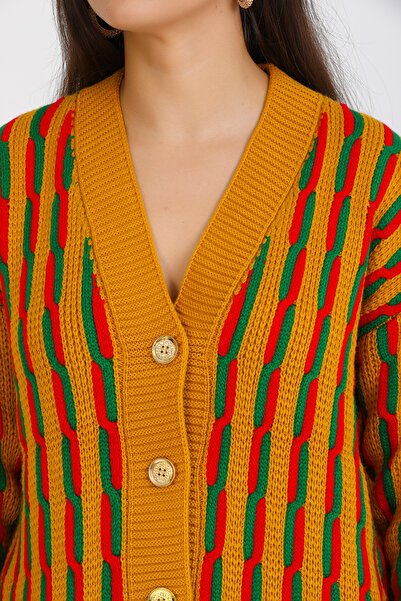 ALCHON V-neck Long Sleeve Jacquard Color Block Hair Braided Five-Button Winter Thick Midi Length Knitwear Cardigan