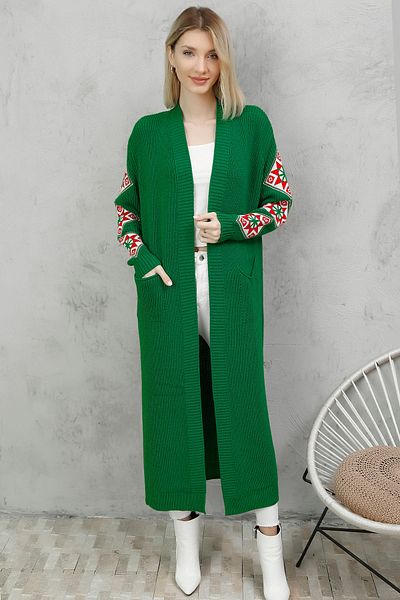 ALCHON V-Neck Long Sleeve Jacquard Patterned Thessaloniki Knit Self Pocketed Ankle Length Winter Stylish Knitwear Cardigan